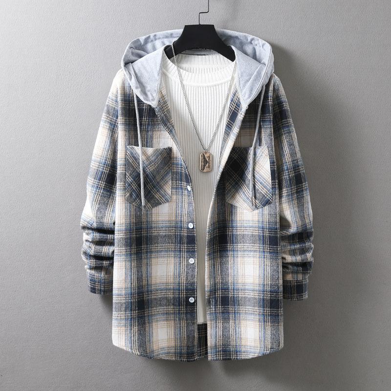 Vår och Höst Herr Casual Långärmad Rutig Huvtröja Herr Trend Mode Lös Skjorta Jacka