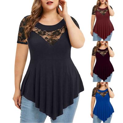 Plus Size Women Floral Lace Asymmetric Three Quarter Tops Blouse
