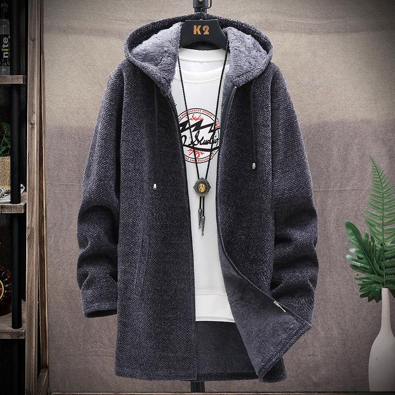 Autumn and Winter Plus Size Men's Thickened Padded Hooded Medium-length Loose Jacket Casual Comfortable Knitted Cardigan Outerwear