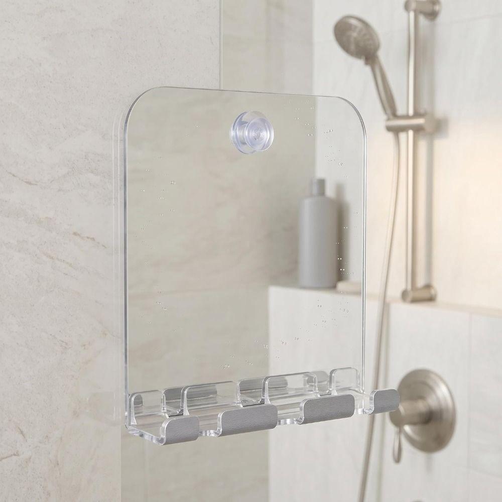 with Wall Suction Shower Mirror Shatterproof Fogless Makeup Mirror Bathroom Tools