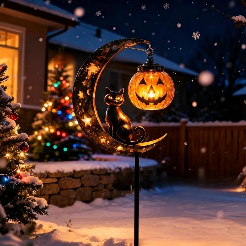 Fall Yard Stake Lights Solar Metal Set of 2 with Moon Shape and Hanging Light for Outdoor Lawn Entry Display Near Porch Zones Daily