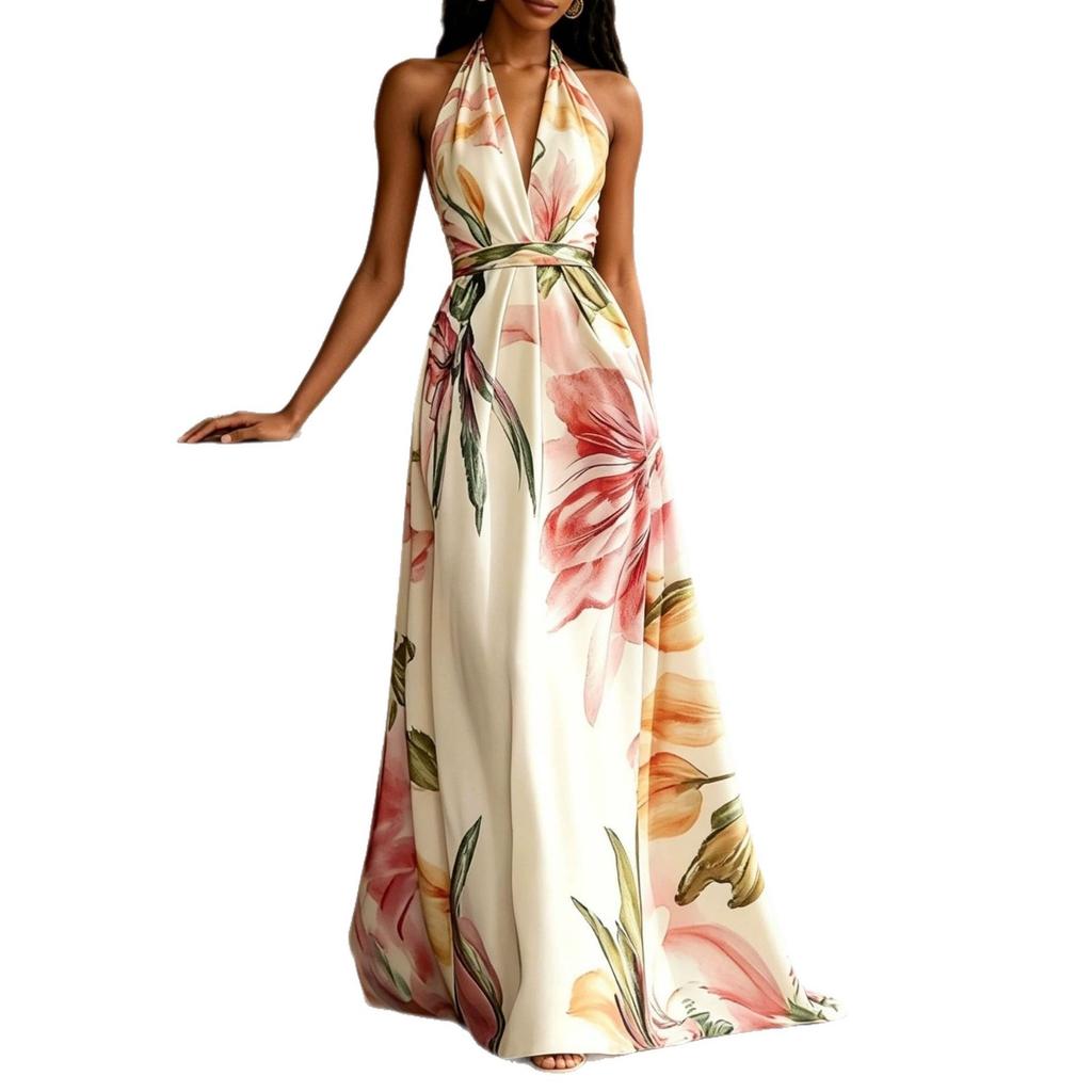 Europe, America 2026 summer printed neck long dress backless vacation style elegant pendulum lace-up dress