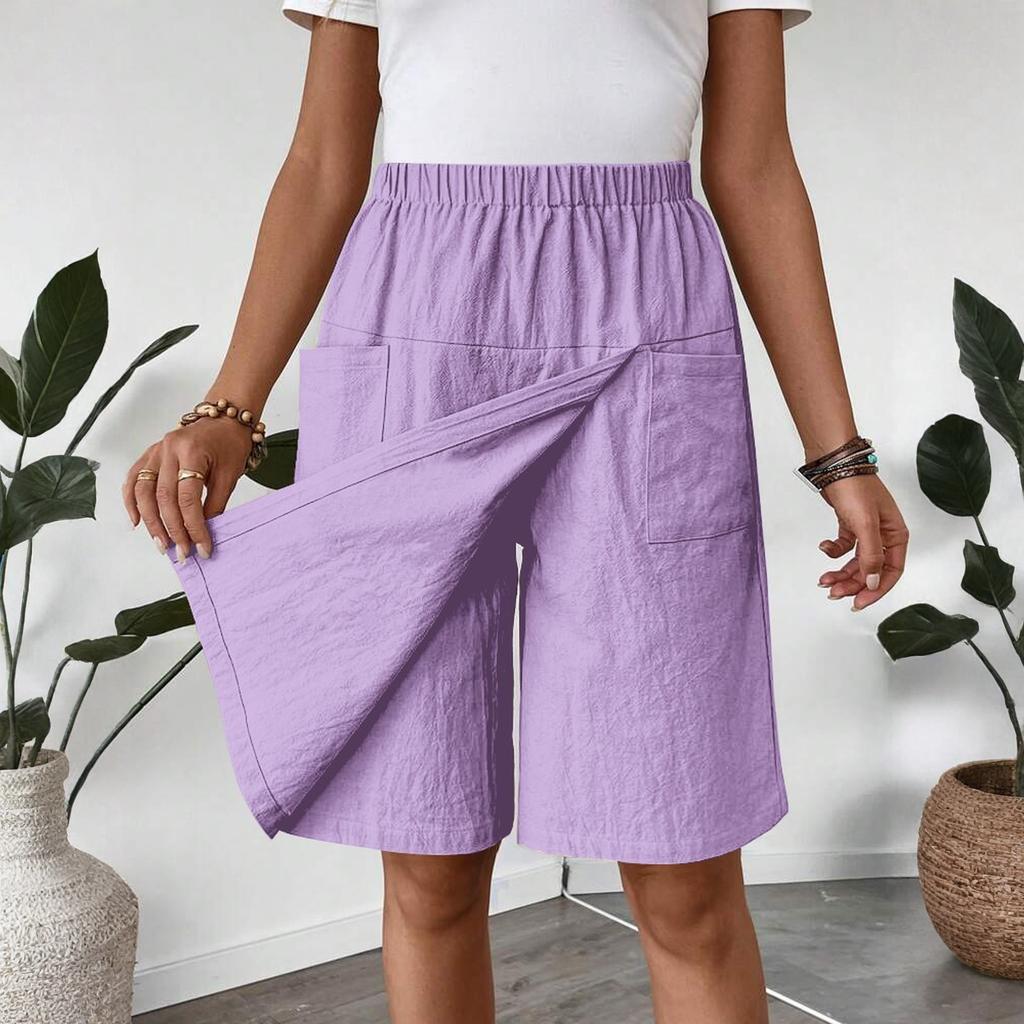 Women's Fashion Pants And Skirts Solid Color Elastic Waist Pocket Casual Shorts