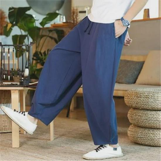 Men's Chinese-Style Loose Wide-Leg Cotton Linen Tai Chi Harem Pants 
