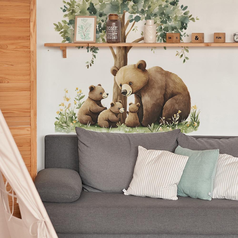 Cartoon Parent-child Brown Bear Bedroom Living Room Entrance Hall Home Background Beautification Wall Stickers