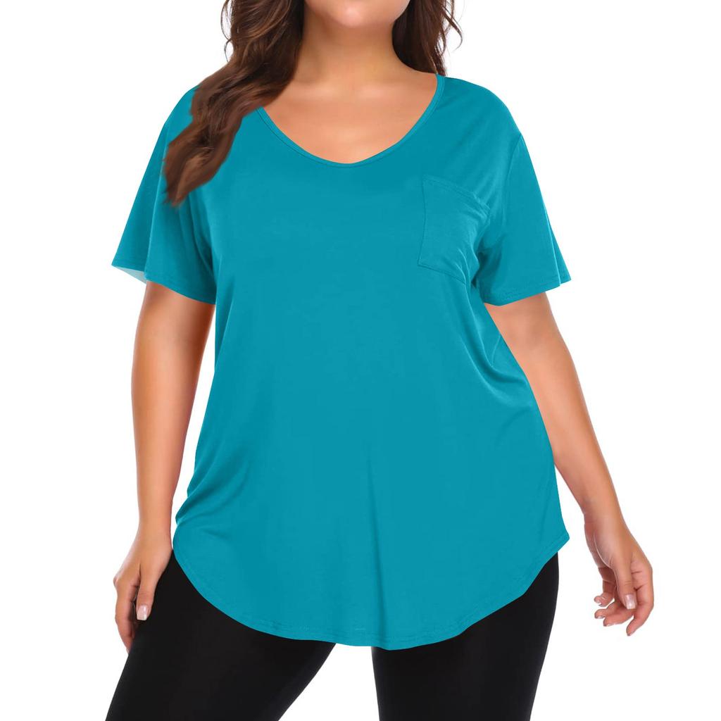 Women's Solid Color Large Size V-neck Top Loose Pocket T-shirt