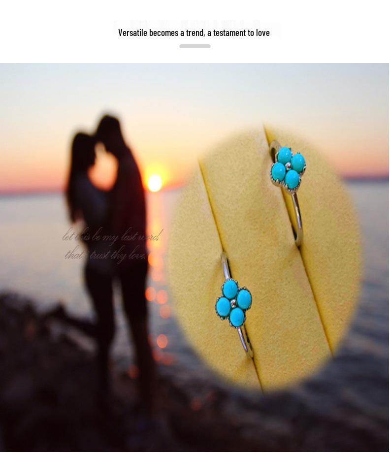S925 Silver Natural Hubei Turquoise Four-Leaf Clover Ring for Women - Adjustable and High Porcelain Finish