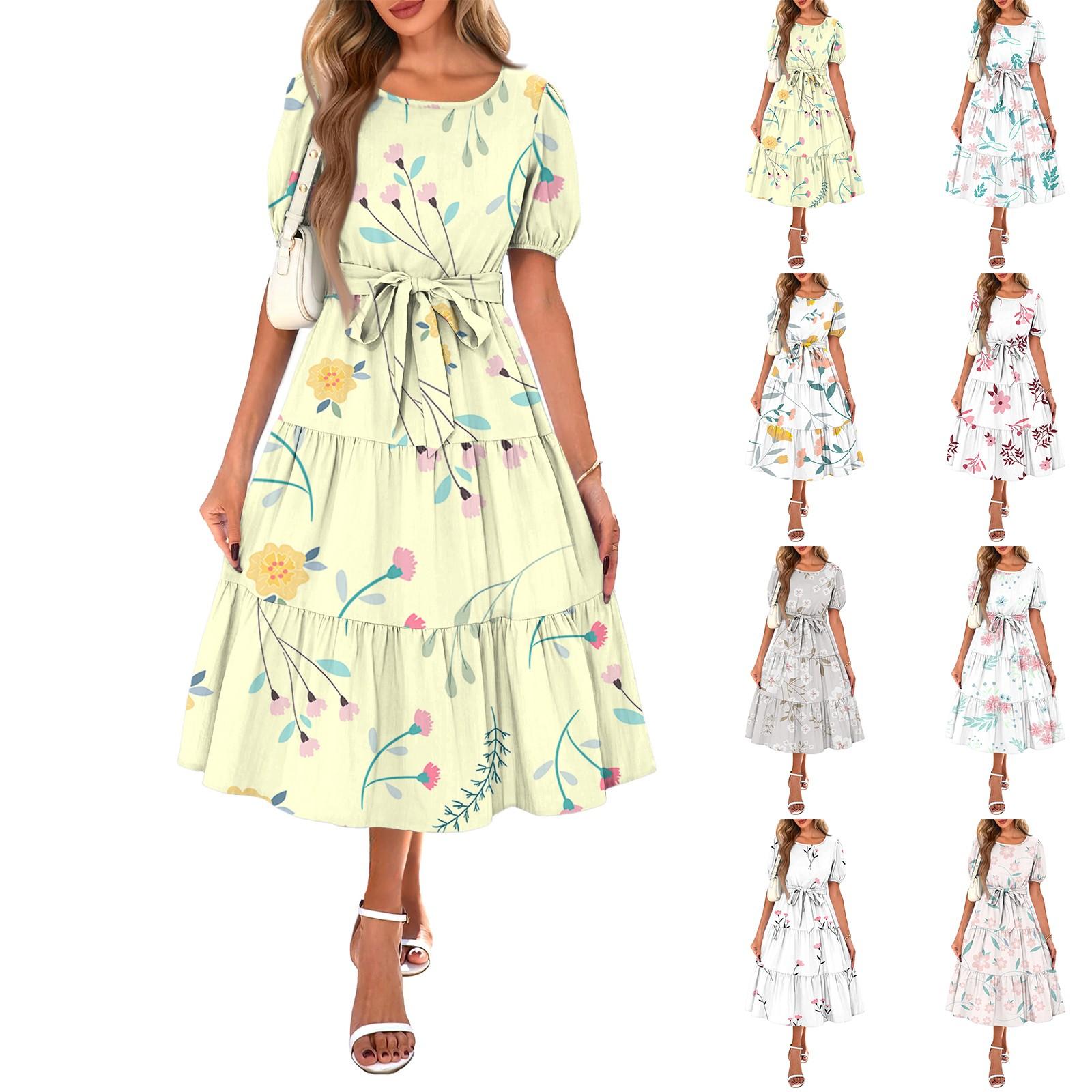 

Women s Summer Short Sleeve Round Neck Waistband Bohemian Flowy Layered Maxi Dress With Pockets S белый