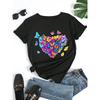 European Size Women'S Casual T-Shirt with Vibrant Heart  Butterfly Print - Short Sleeve, Round Neck, Slim Fit