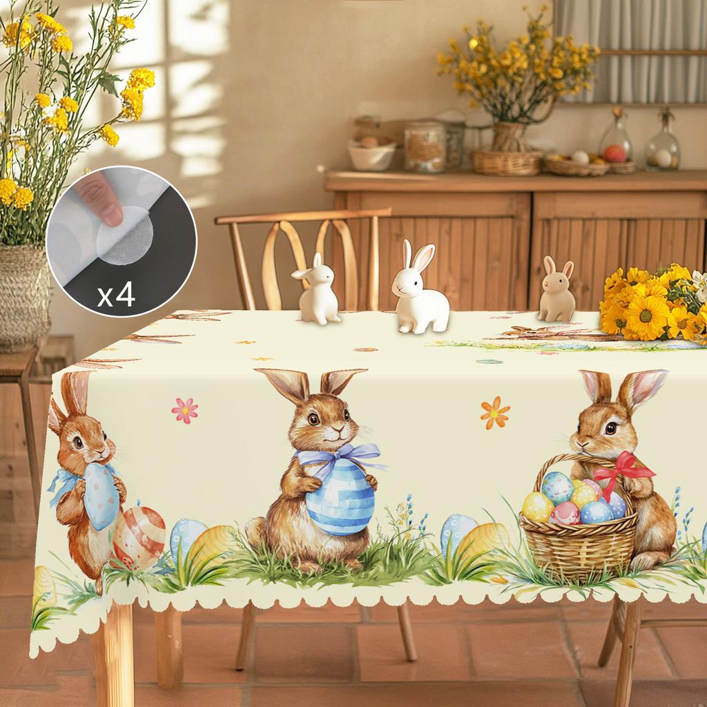 1 Față de masă rotundă de Paște, 5 Dimensiuni Disponibile, Față de masă pătrată drăguță cu imprimeu ou de iepuraș de Paște, Proces de gofrare pe margine, Față de masă decorativă de grădină de primăvară