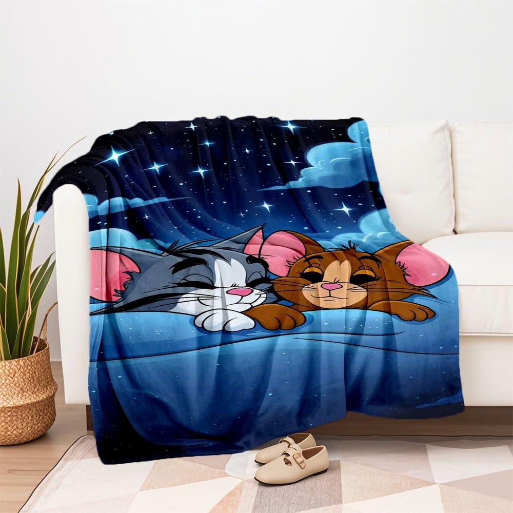 "Tom & Jerry: Cozy Night Adventure Pillowcase"Blanket Flannel Throw Blanket for Sofa, Bed, Travel, Camping, Office