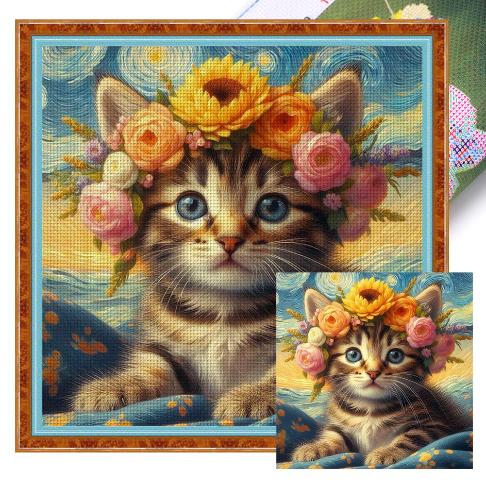 Full Embroidery Eco-cotton Thread 11CT Printed Flower Cat Cross Stitch Kit Art