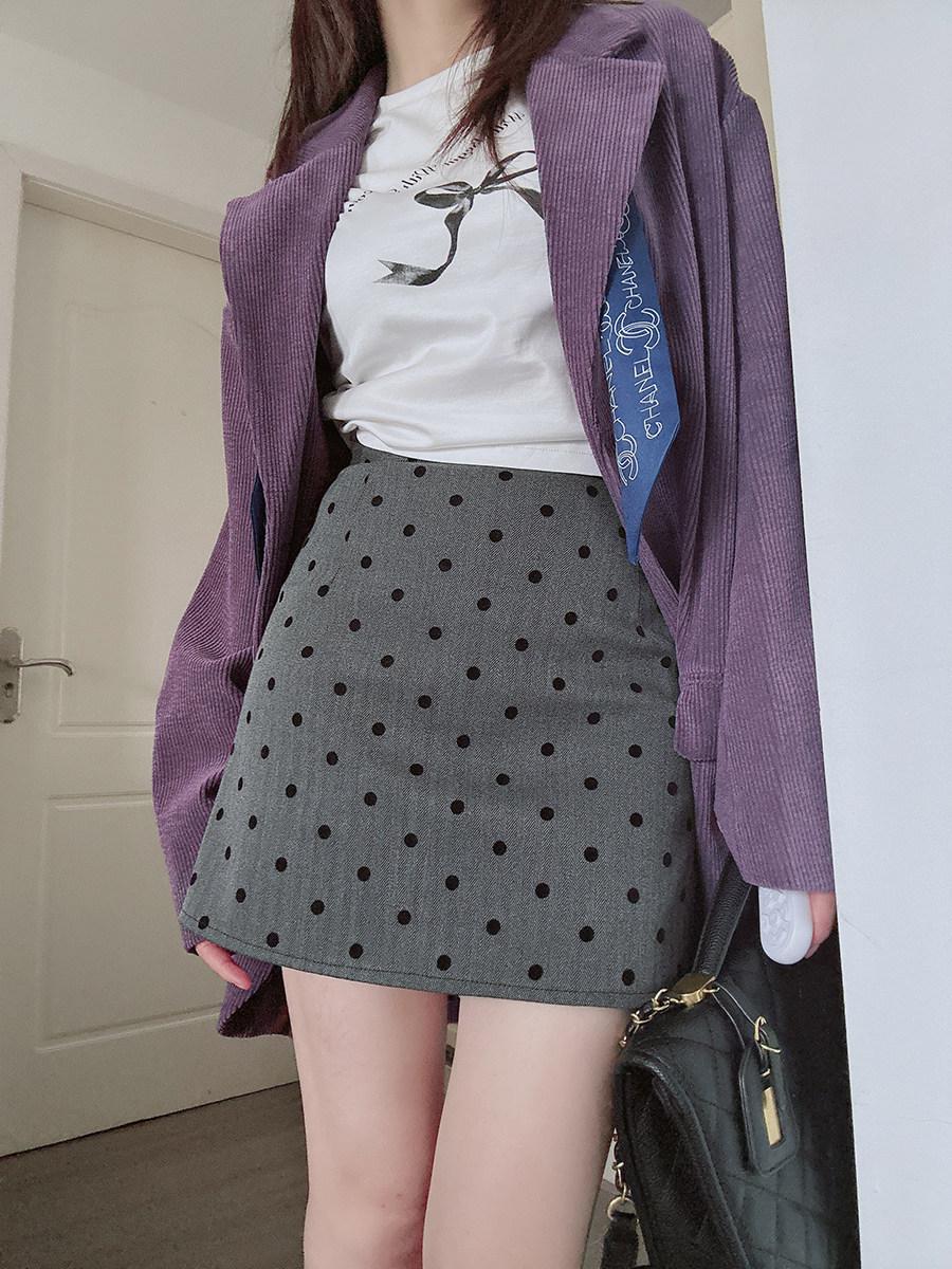 French Spicy Gray Polka Dot High Waist A-line Wrap Skirt for Women XL