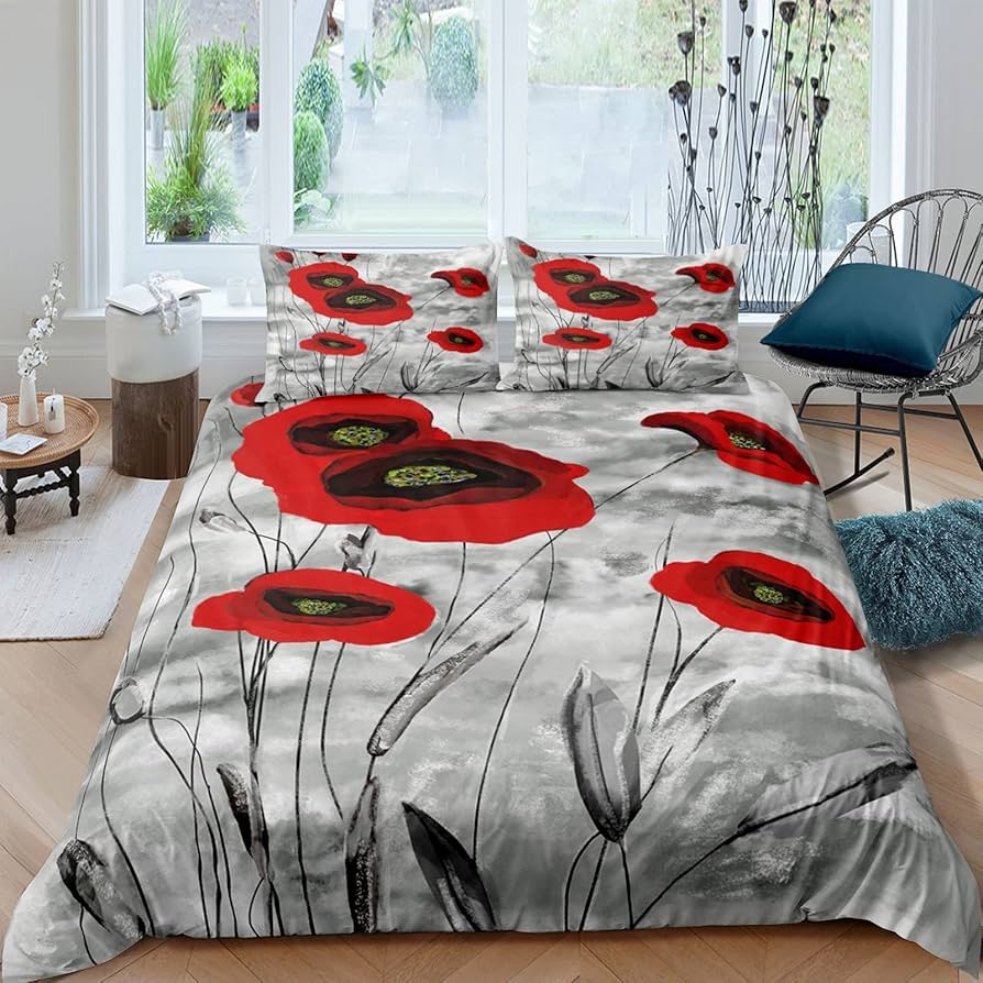 Red Floral Duvet Cover Poppy Flowers Print Comforter Cover for Girls Teens Flower Bedding Set Botanical Branches Bedspread Cover
