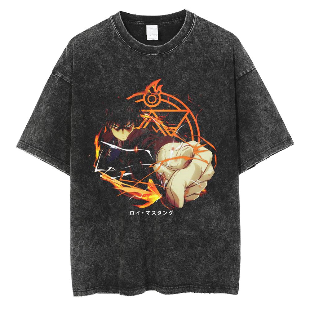Anime Fullmetal Alchemist Logo Graphic Print T Shirt Men Women Vintage Manga Tshirts Washed Cotton Tshirt Harajuku Oversize Tee