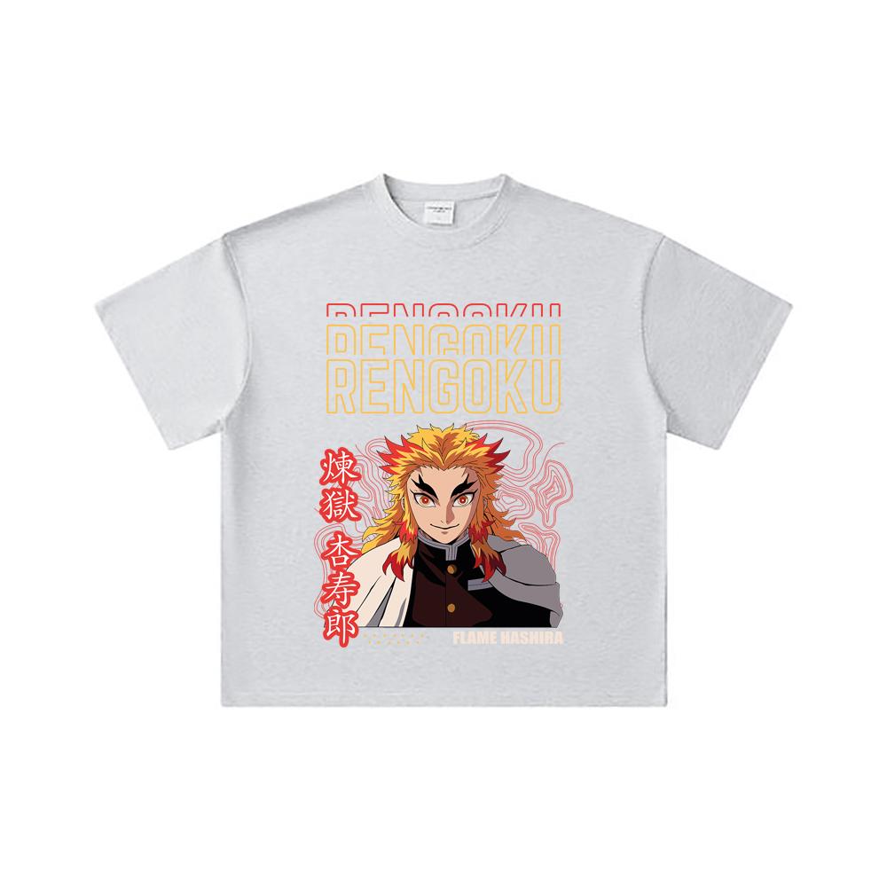 260 GSM Double Yarn 32 Count 100% Cotton Demon Slayer V117 Rengoku Print Unisex Heavy Cotton T Shirt