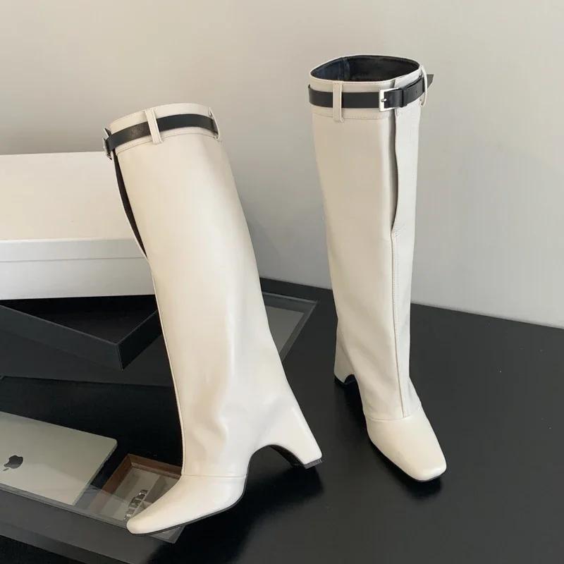 

Fashion Eilyken Winter Design Belt Buckle Strap Knee-High Women Boots Street Style Square High Heels Booties Stripper Pumps Shoes 35