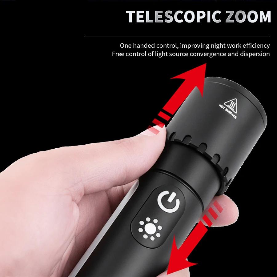 New Multifunctional Flashlight with Side Floodlights Telescopic Zoom Outdoor Portable LED Flashlight Carrying Tail Hook