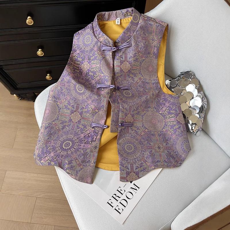 Bada Haojing pattern imitation disc buckle stand-up collar clothing fabric star with the same vest women's top satin cloth