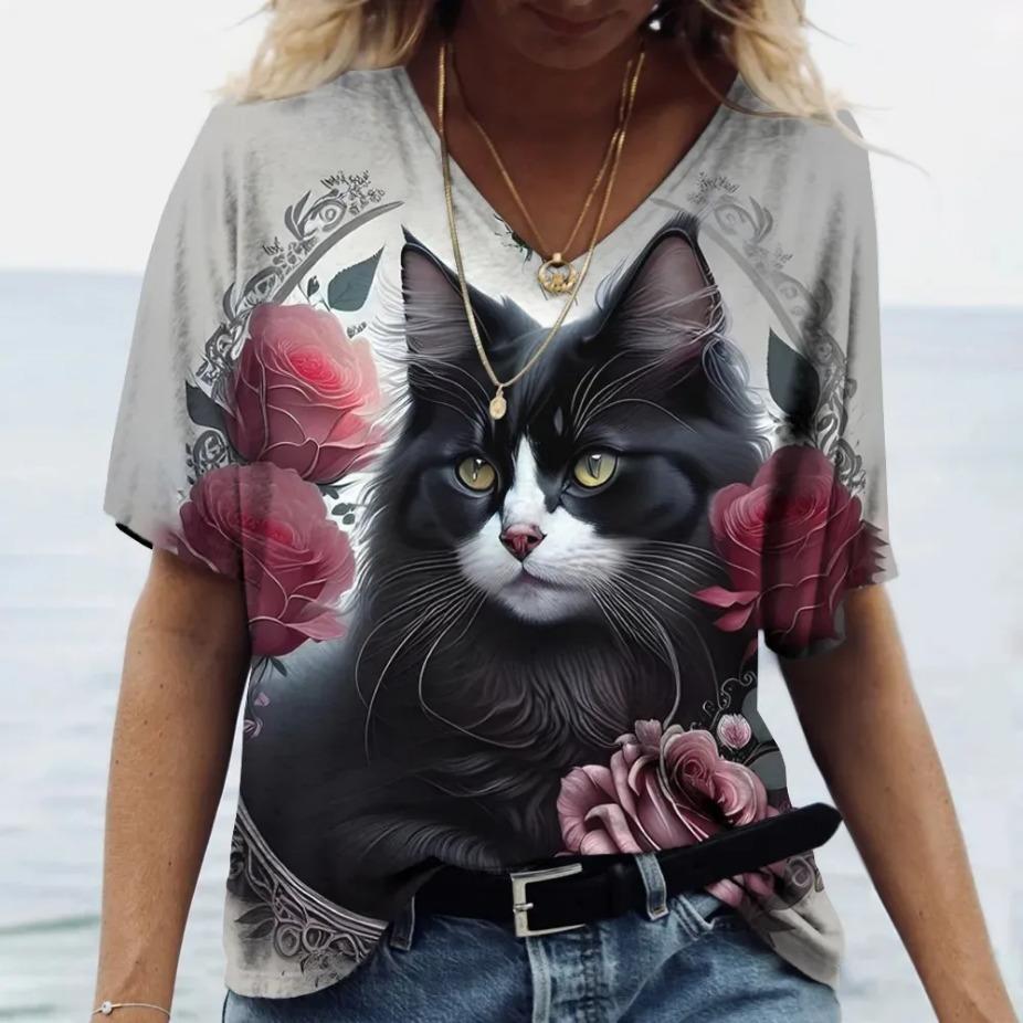 Fashion Women's T-shirt Cat Printed Short Sleeve Tees Ladies T Shirt Oversized V-neck Tops Animal Women Clothing Shirt
