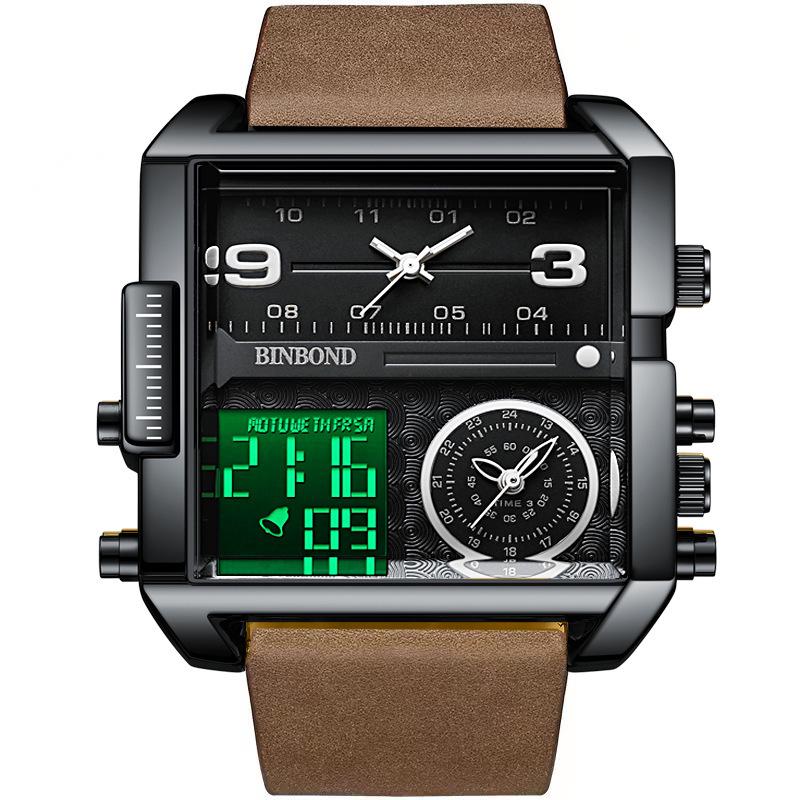 Binbang Fashion Men's Domineering Quartz Watch with Large Square Dial and Triple Display