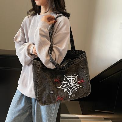 Niche Design Embroidered Zipper Denim Bag Large Capacity Commuter Versatile Tote Bag Student Class Shoulder Bag Tide