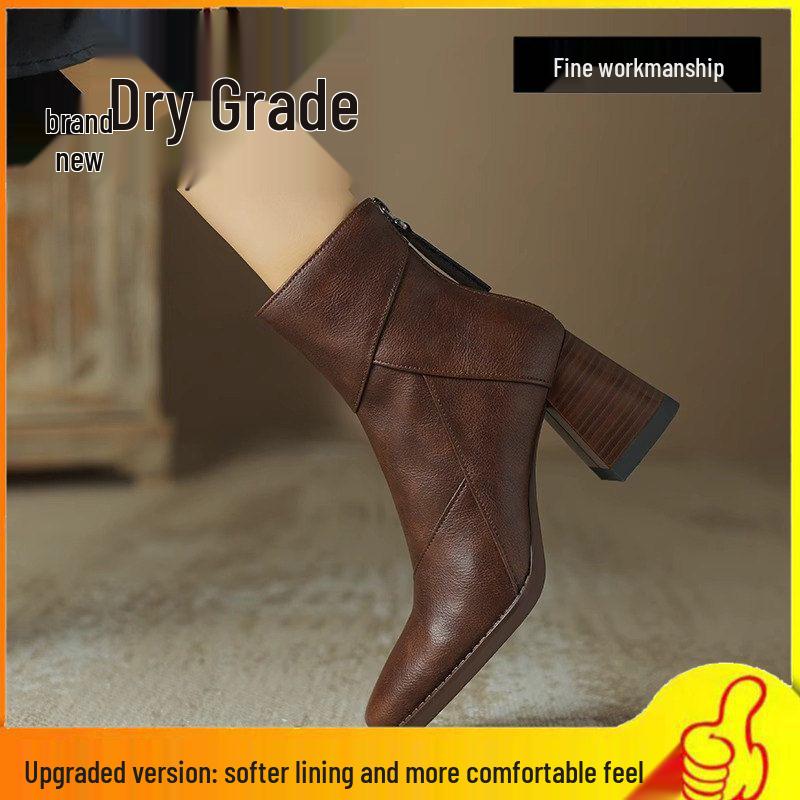Women's Vintage Brown Chunky Heel Ankle Boots, 2025 Autumn/Winter Martin Style with Back Zipper High Heel.