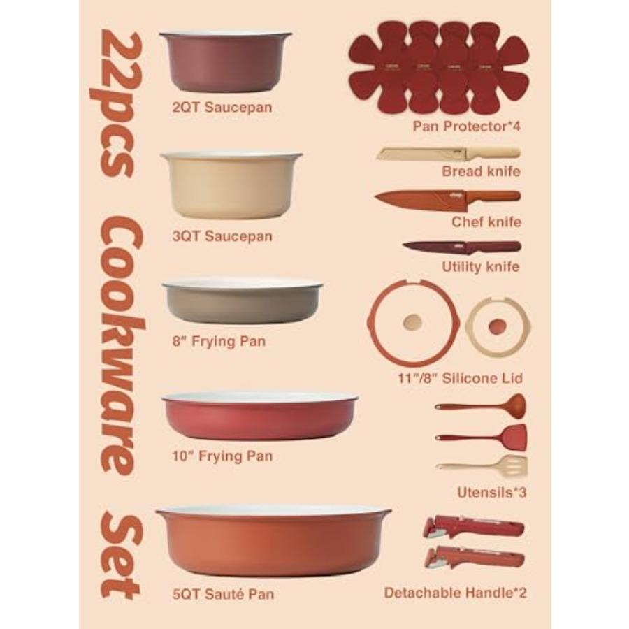 22 Pcs Ceramic Cookware Set with Detachable Handles Non-Toxic Non-Stick Pots and Pans for Induction Oven Safe Stackable Removab