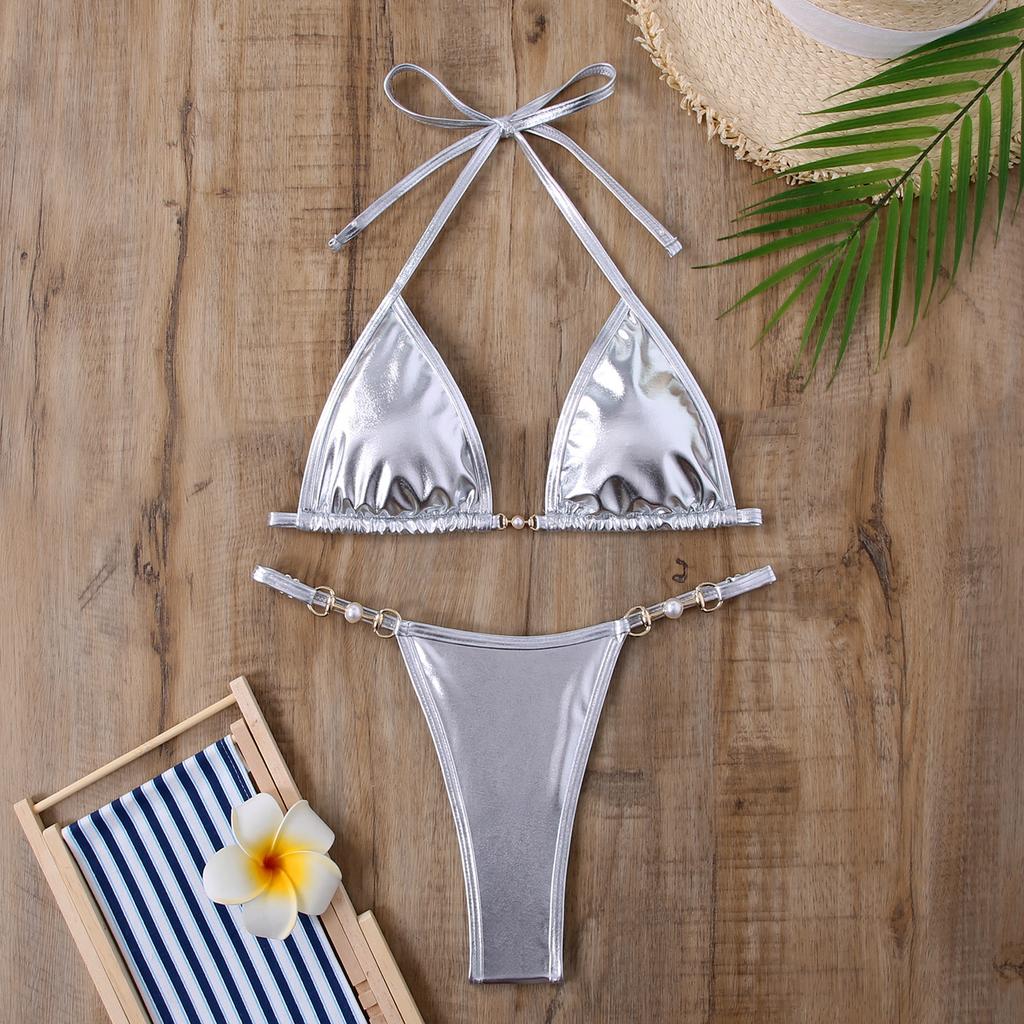 New swimsuit sexy solid color metal bikini swimsuit women's suit
