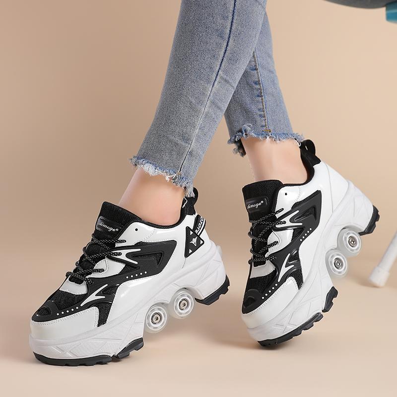 Teenagers /Boys/Girls Shapeshifting Shoes Four-wheel Dual-use Roller Skates Double Row Walking Shoes Roller Skates