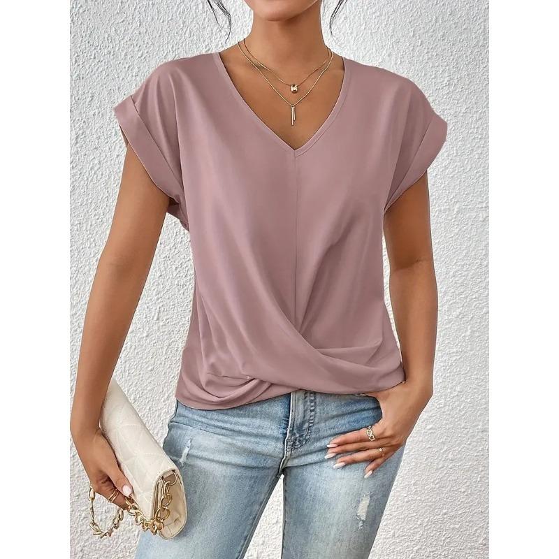 Elegant Short Sleeved Top for Spring and Summer Solid Color V-neck Women's T-shirts