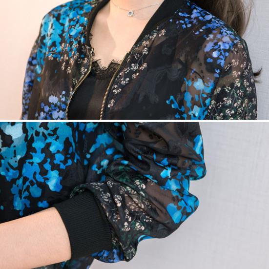 Chiffon Coat Stand Collar Long Sleeve Floral Print Sunscreen Coat Zipper Placket Thin Outwear