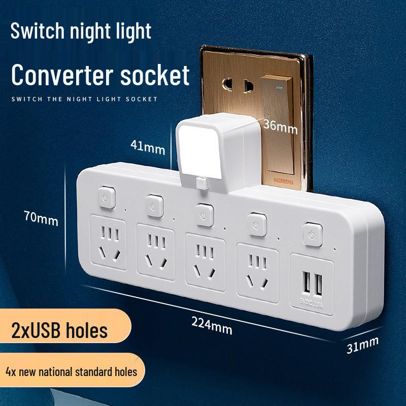 Multi-Outlet Power Strip with USB, Wireless Converter, Night Light, and Individual Switches for Home Office