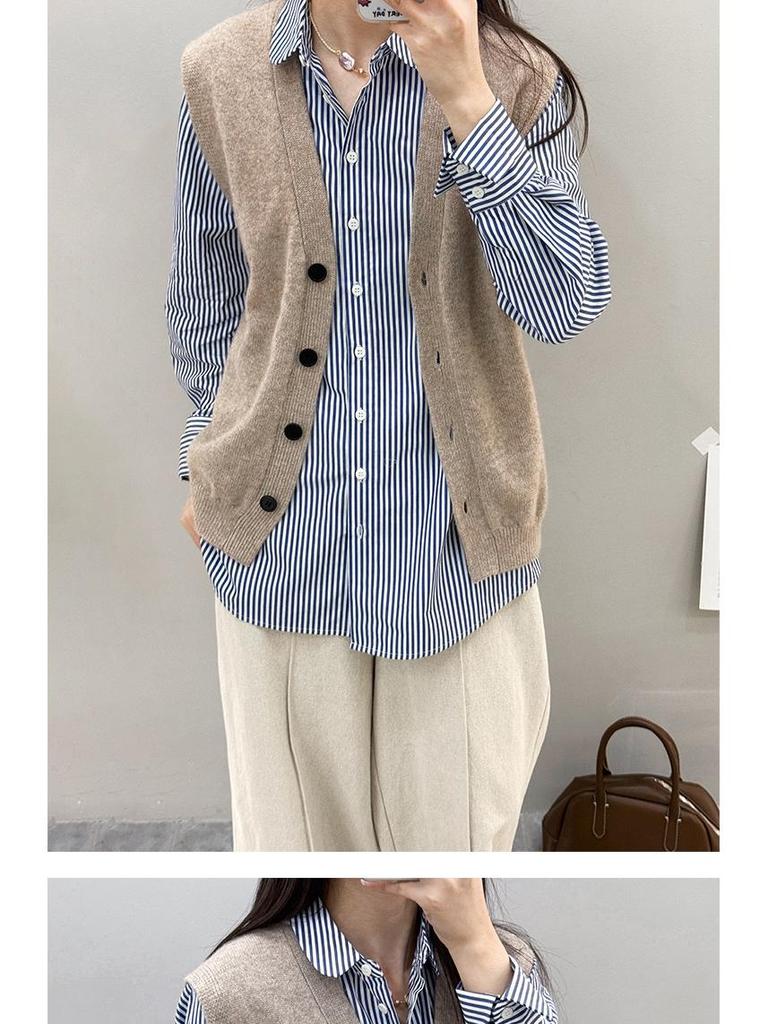 Sucheng Damen Blau Gestreift Schlankmachendes Baumwoll Langarmhemd