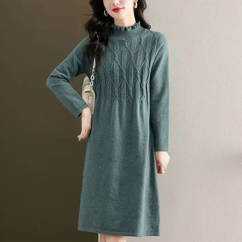 

Универсальное вязаное платье-свитер женское осенне-зимнее средней длины с грибовидным воротником и волосяной основой для среднего возраста XXL синий