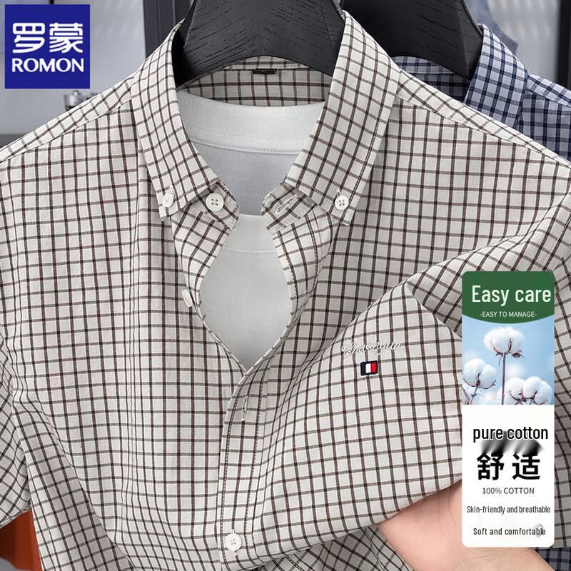 

Romon Men s Pure Cotton Plaid Short Sleeve Shirt L