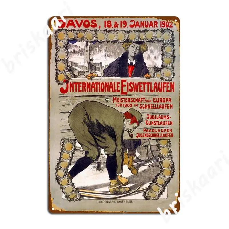 Retro Davos Internationale Eiswettlaufen Metal Sign Plaques Club Bar Personalized Wall Cave Tin Sign Poster 20X30CM
