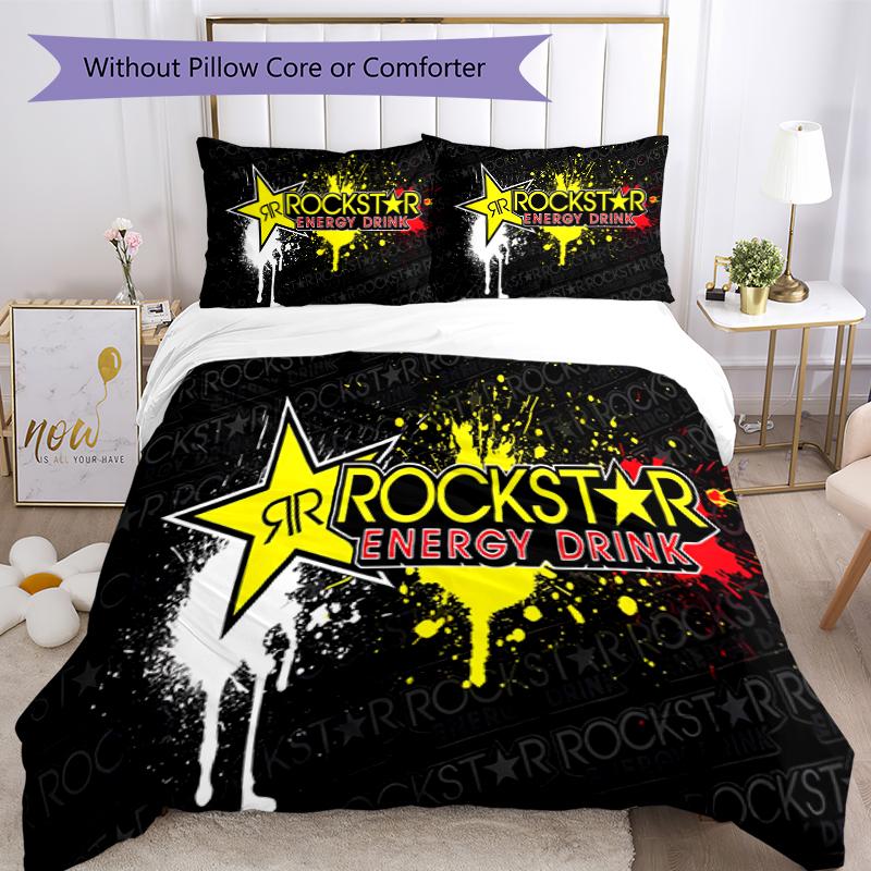 3pcs Rockstar logo pattern bedding set duvet cover set includes duvet cover &pillowcases, perfect all season bedroom decoration & gift