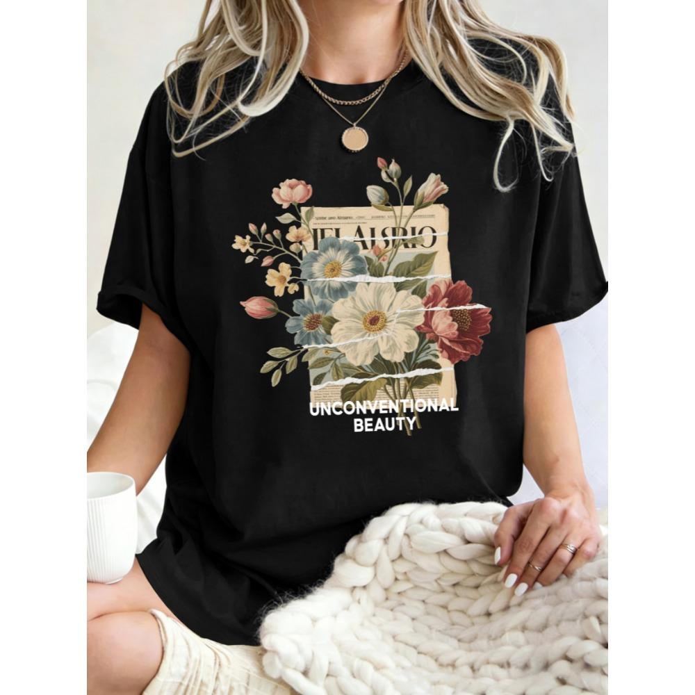 Unkonventionelle Schönheit Blumenprint Damen T-Shirt Sommer T-Shirts Rundhals Lässig Kurzarm Hip Hop Baumwolle