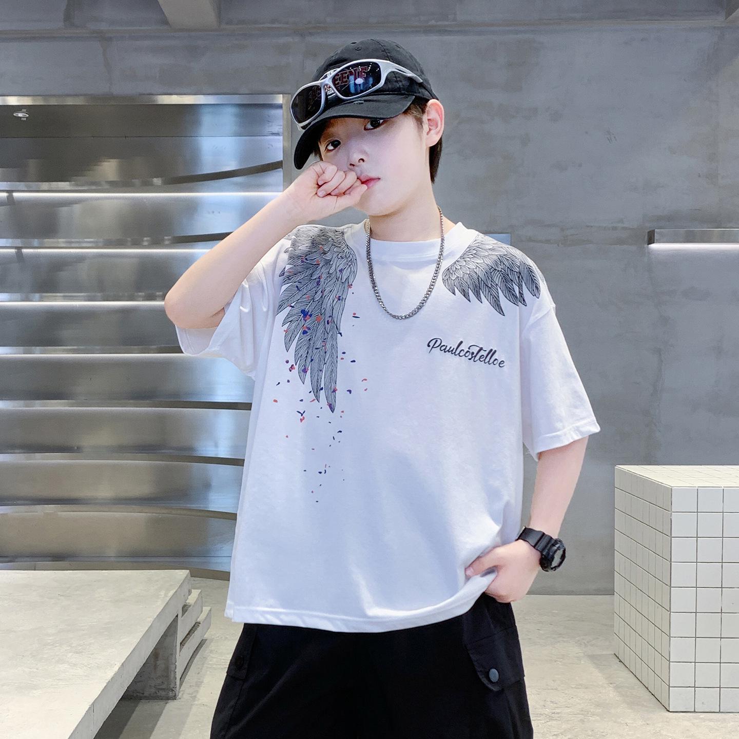 Boys Medium & Large 2026 Trendy Wing Print Short Sleeve Loose Summer Top 140 cm белый
