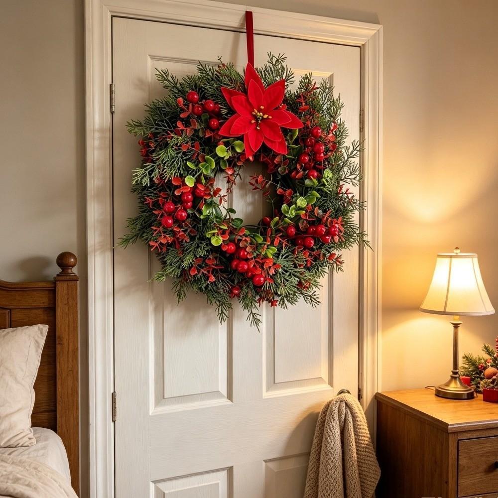 Bowknot Christmas Door Wreath Red Berries Artificial Holiday Wreath  Holiday Party Decor