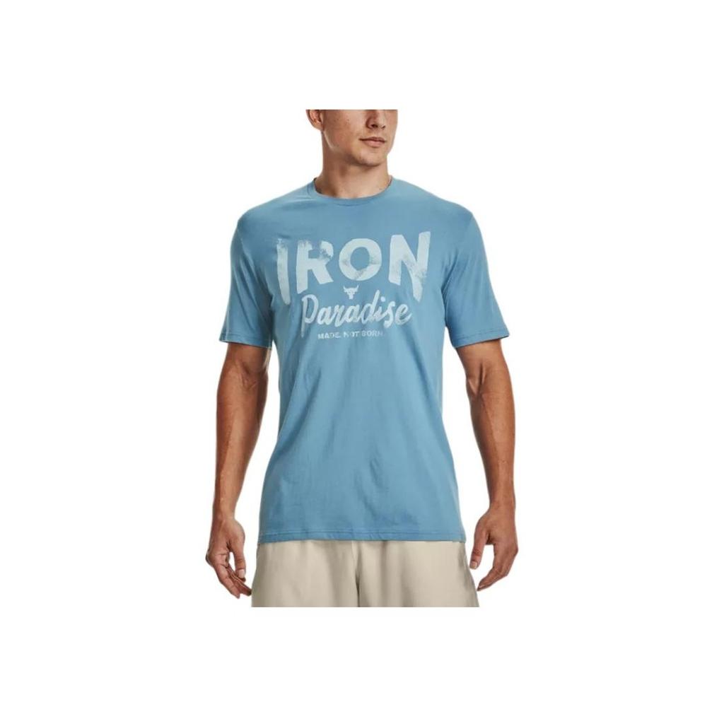 Under Armour Project Rock Printed Logo Crew Neck T-Shirt Men Tops Blue 1370483-416