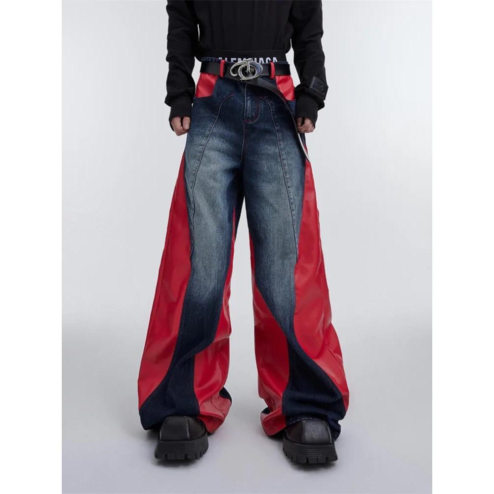 ZYLLO Y2K Streetwear Red Pu Leather Patchwork Baggy Jeans Pants For Men Designer Clothes Wide Leg Loose Denim Trousers