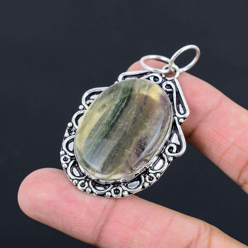 Daughters Day Sale Oval Multi Fluorite Stone Bezel Pendant 925 Sterling Silver