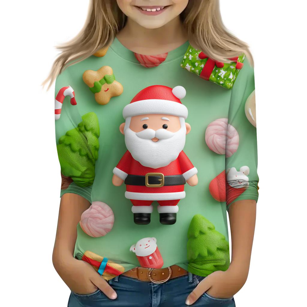 Children's 3/4 Sleeve Round Neck Top Christmas Tree Printed Everyday Casual Top
