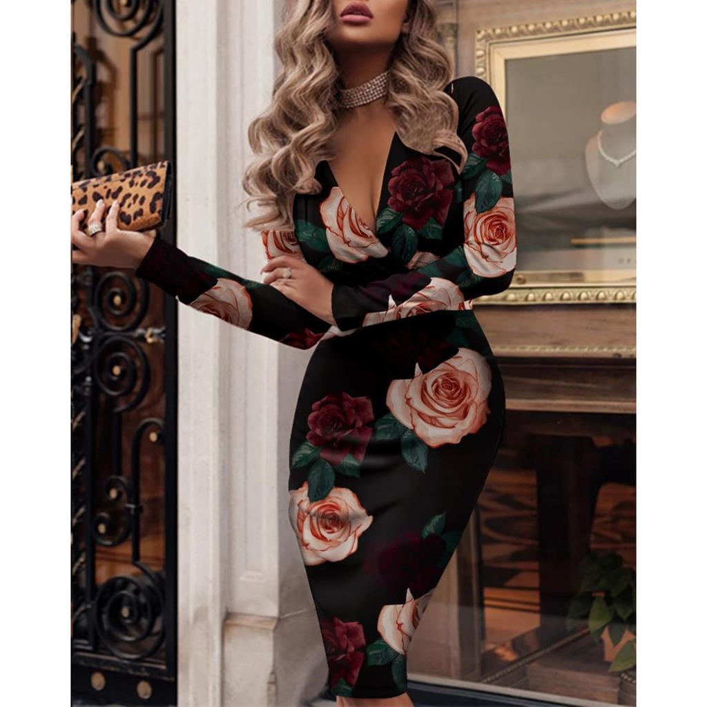 Women's V Neck Long Sleeve Maxi Dress Straight Fit High Waist Elegant Pencil Dress Sequin Print Bodycon Dress