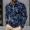 Men s Plus Size Long Sleeve Quarter Zip Collared Polo Shirt Striped Palm Tree Print Beige Navy Blue