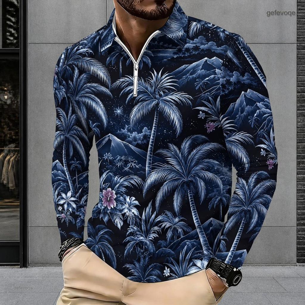 Men s Plus Size Long Sleeve Quarter Zip Collared Polo Shirt Striped Palm Tree Print Beige Navy Blue