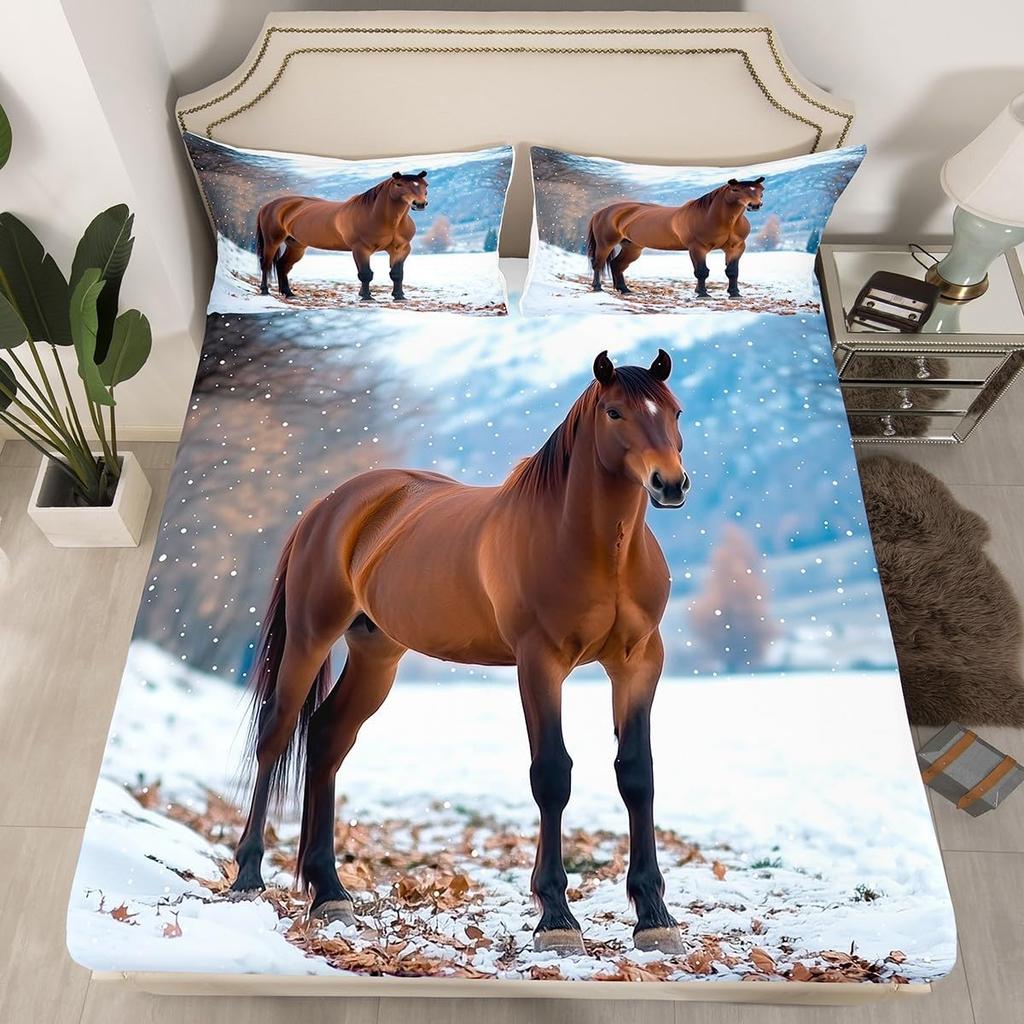 Horse Fitted Sheet, Animal Horse Bed Sheets Deep Pocket 30cm,Soft Microfibre 3D Bed Sheet with Pillowcases for Kids and Aldults