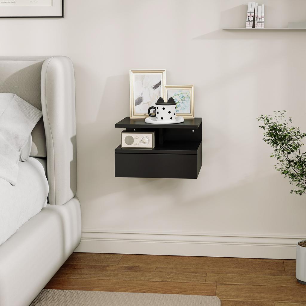Wall-Mounted Nightstand for Bedroom with Drawer and Wooden Shelf, 35x32x22.5cm, Black
